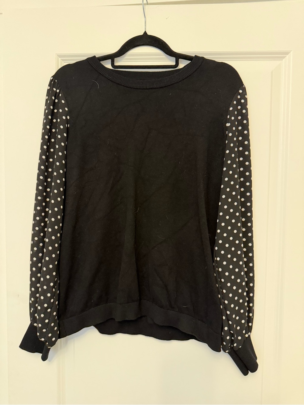 Adrianna Papell Black Sweater with White Polka Dot Sleeves